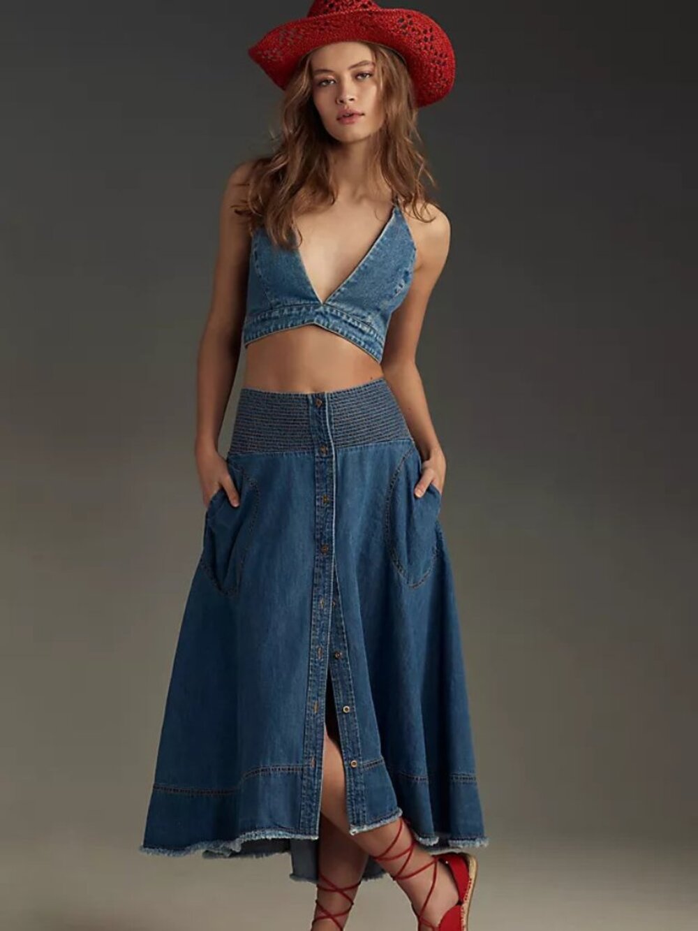 BNWT Anthropologie Pilcro High Low Smocked Waist Denim Skirt
